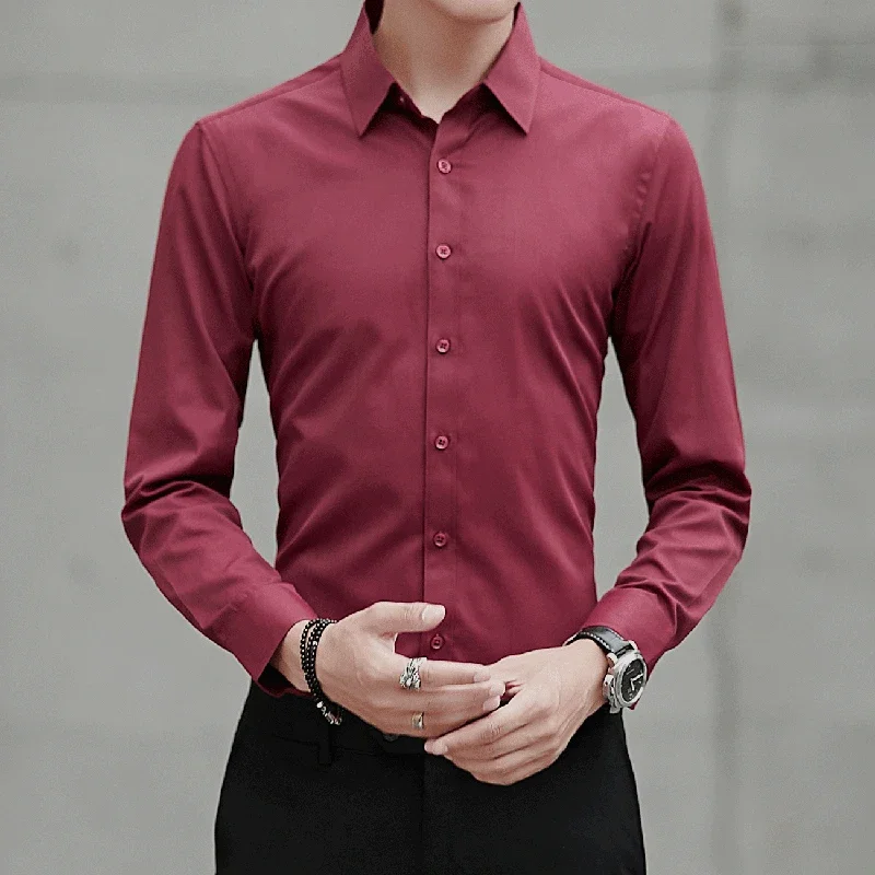 

Осенняя мужская бордовая классическая рубашка, модная классическая базовая деловая повседневная тонкая рубашка с длинными рукавами, мужская брендовая одежда без глажки