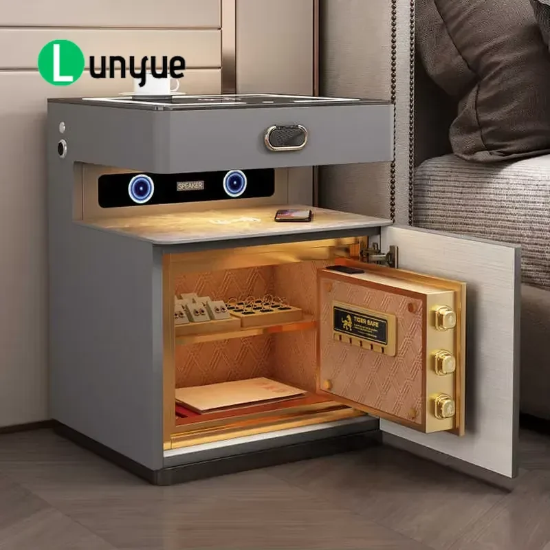 Modern Smart Bedside Table with Wireless Charging Bluetooth Speaker Fingerprint Password Lock Luxury Nightstand for Bedroom