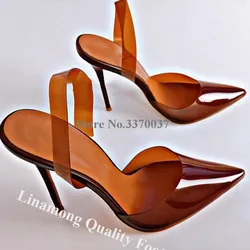 Linamong Desinger Clear Fuchsia Pink PVC Stiletto Heel Pumps Pointed Toe Transparent Slip-on High Heels Club Heels Big Size