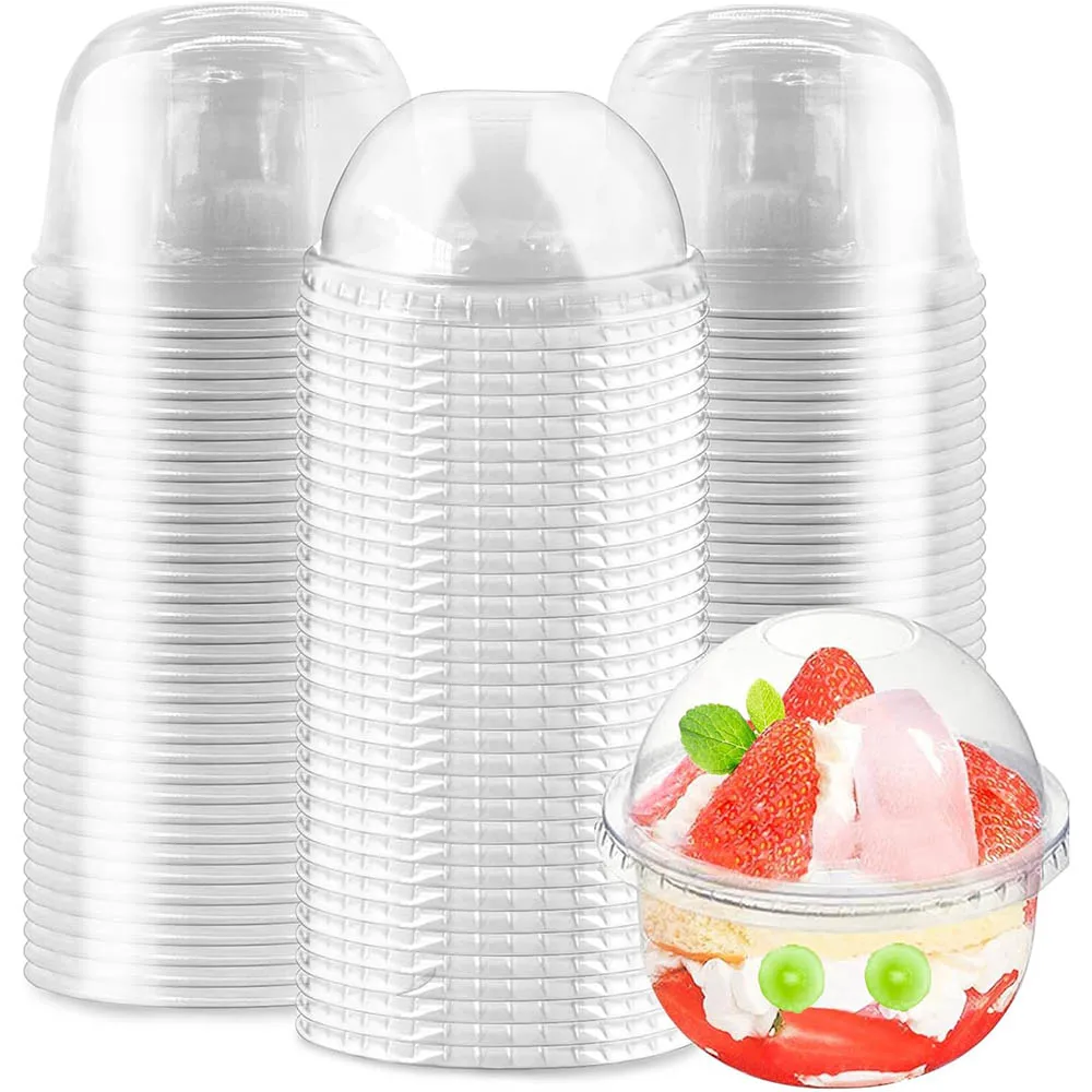50 vasos de plástico transparente de 9oz con tapas de cúpula, taza desechable para fiesta de postre, contenedores de comida Parca para dulces, frutas, batidos y magdalenas
