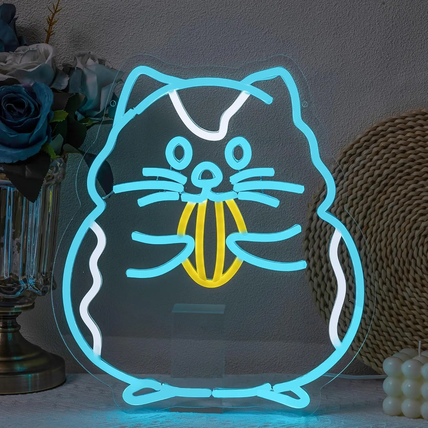 Cute Cat Neon Sign LED Wall Art Blue Yellow USB Powered Dimmable Acrylic Glow Lamp Kids Bedroom Livingroom Cafe Party Decor Gift