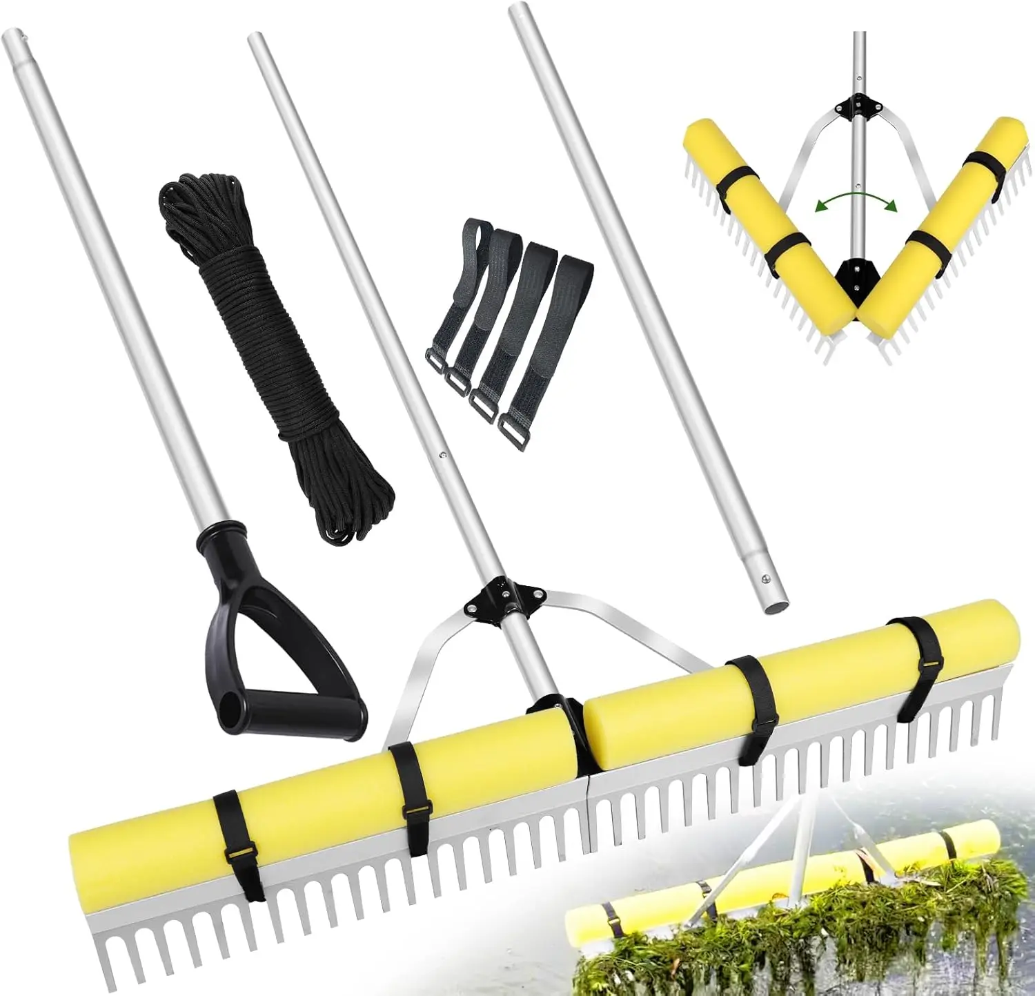 

Detachable Float Pond Rake for Weed and Algae Removal, Aluminum with Extension Rope, Upgraded Foam Fixing Velcro and Carabiners