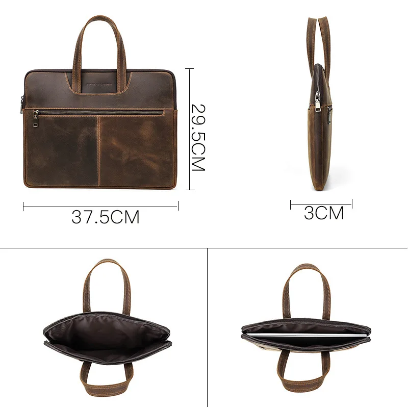 Genuine Leather Laptop Bag for MacBook 15 Inch Zippered Handmade Briefcase