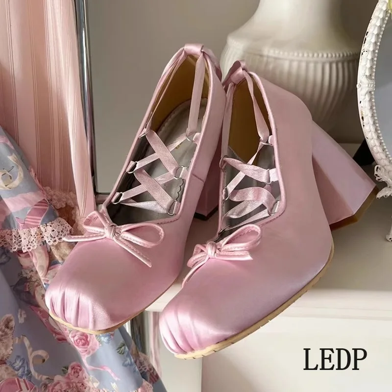 LEDP Female Mary Jane Shoes Ballet Flats Satin Ribbon Square High Heels 2024 New French Girl Bow Cross Lace-up 35-41 Bridesmaid