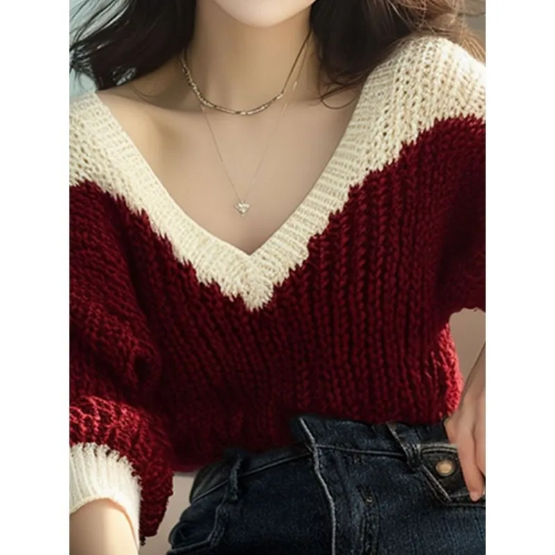 Simplicity Solid Color V-neck Sweater Women Autumn Winter Red Long Sleeve Knitwear Office Lady All-match Trend Knitting Tops