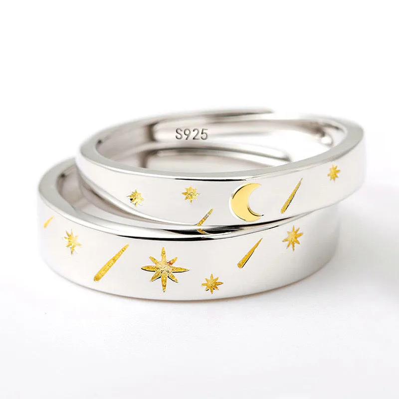 

BF CLUB 925 Sterling Rings for Women Simple Geometric Handmade Irregular Retro Gold Moon Star Ring Allergy For Birthday Gift