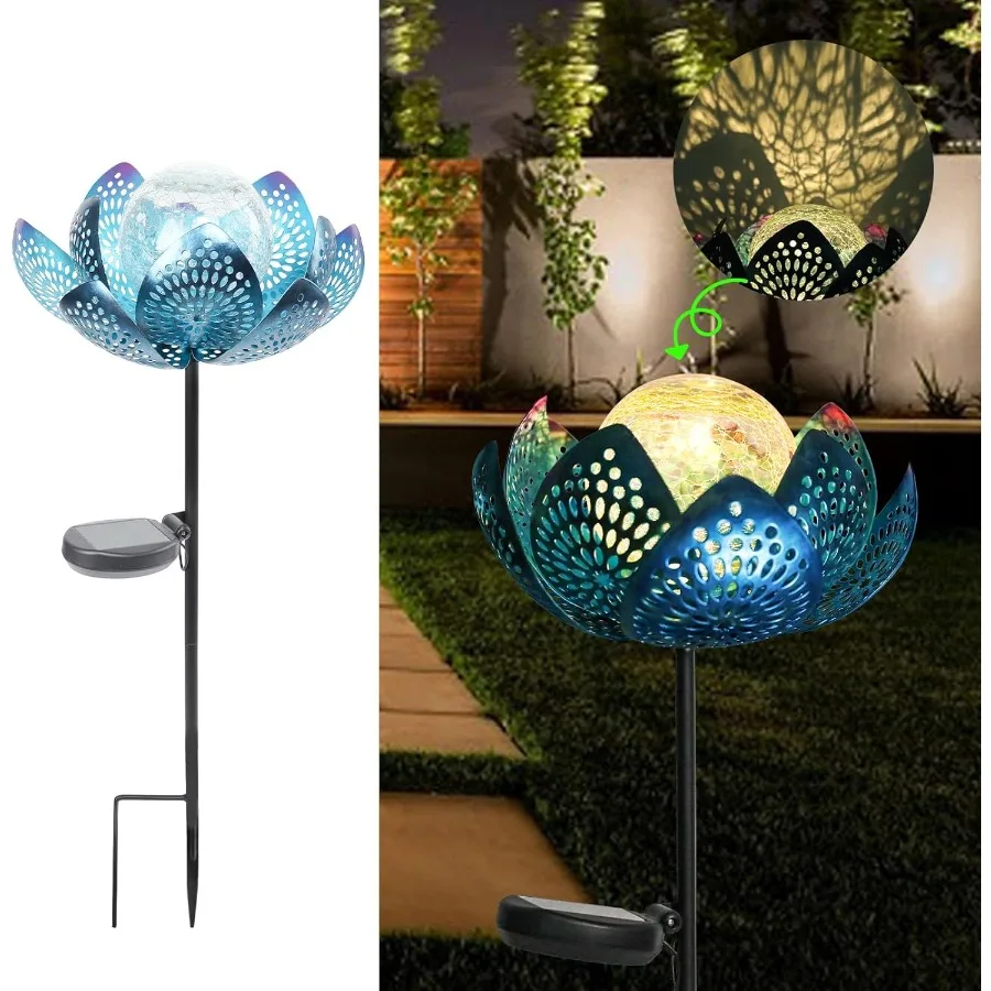 

Outdoor Waterproof Crack Glass Globes LED Lotus Flower Metal Stake Garden Decoration for Yard Courtyard Path Art Lawn Ornaments
