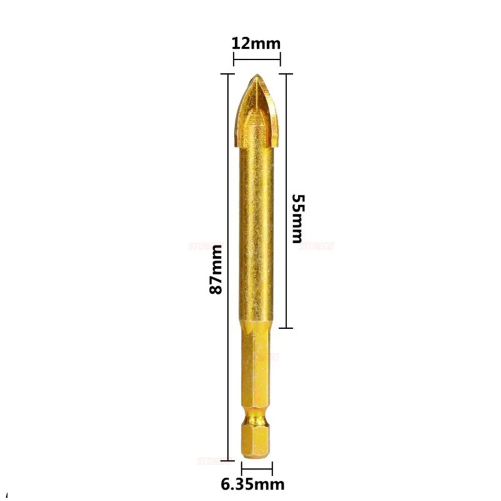 STONEGO Glass Drill Bit Set, Cross Spear Head, 6/8/10/12mm Diameter, for Ceramic Tile, Glass, Marble, with Hex Shank