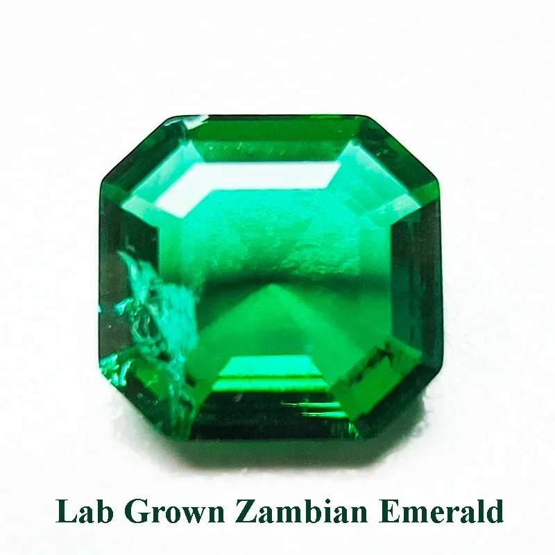 Lab Grown Zambian Emerald Hydrothermal Hand Cut Asscher Cutting with Cracks Inclusions Inside Selectable AGL Certificate