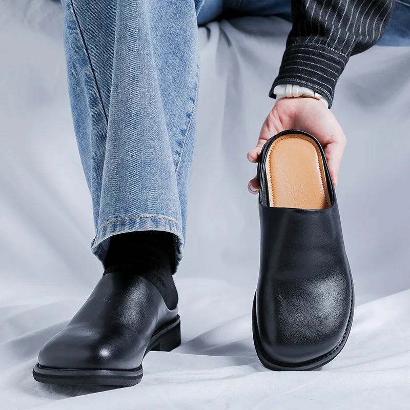 Spring and Summer Niche Muller Shoes One Foot Business Casual Leather Trendy Men's Bag Head Half Drag Round Head