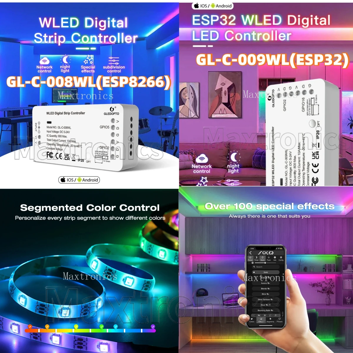 ESP32/ESP8266 100 режимов динамического освещения WLED светодиодный контроллер для WS2812B WS2811 SK6812 WS2813 WS2815 светодиодная лента GL-C-008WL/009WL