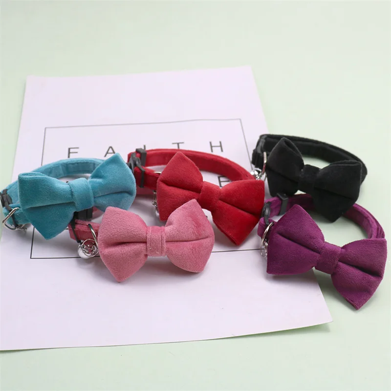 1PC Suede Bow Collar Solid Color Bowknot Puppy Chihuahua Adjustable Cats Accessories Safety Bell Tie Bow Buckle Pets with Collar