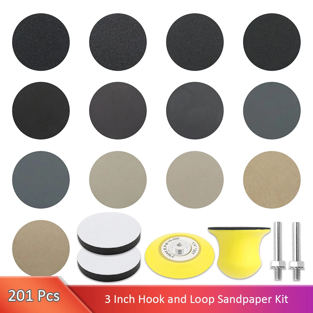 

201 Pieces 3 Inch Sandpaper Wet Dry Sanding Disc with Backing Pad and Soft Foam Buffering Pad, 60 to 10000 Grits Grinding Abrasi