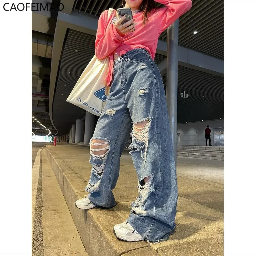 

Streetwear Straight Pants Ladies Ripped Jeans High Waist Loose Wide Leg Pants Ladies Jeans Y2K Summer Plus Size High Street Jean