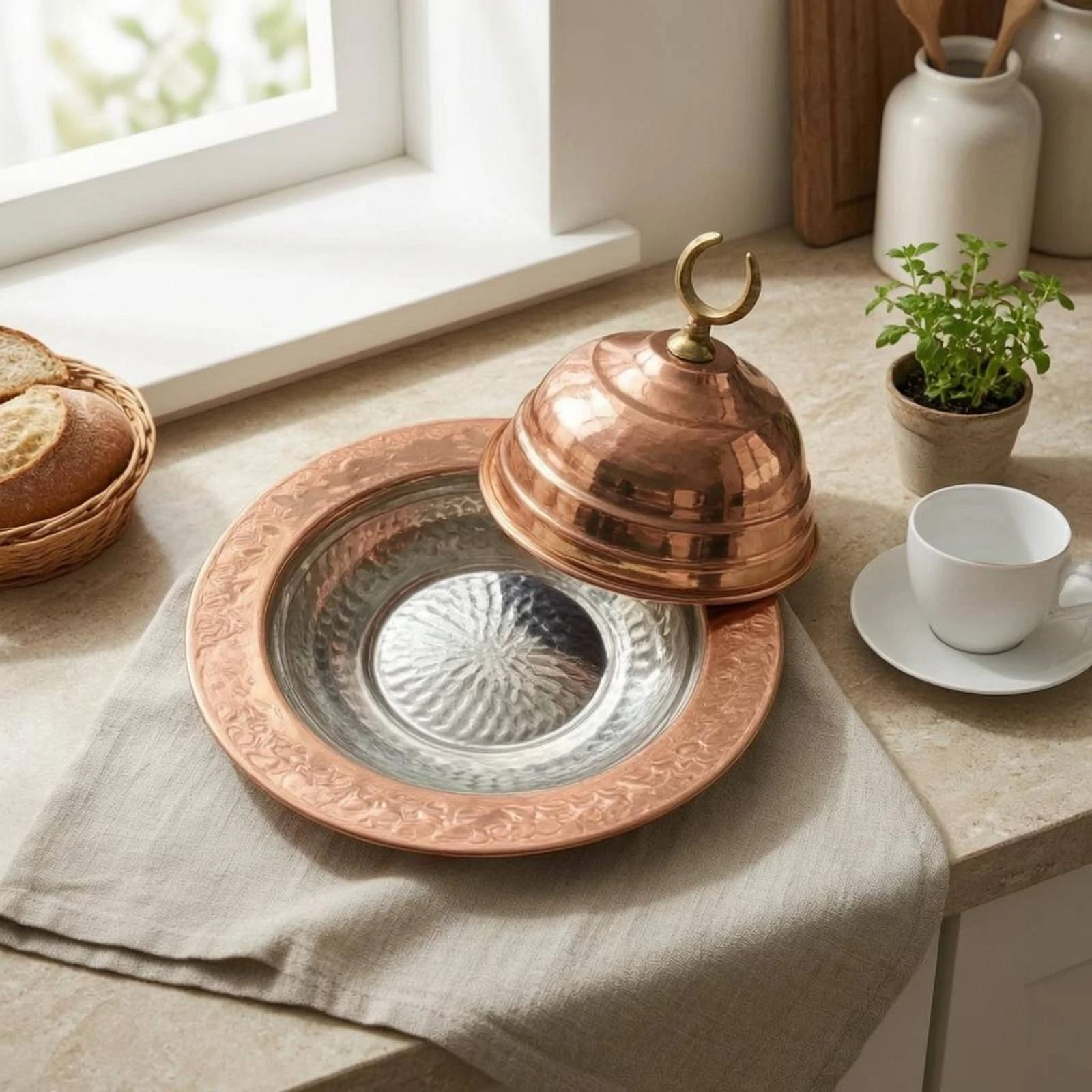 Turkish Serving Plate Lustrous Finish Copper Lid Plate Hammered Copper Tray Easy to Clean Tableware Heavy Duty for Dining Table