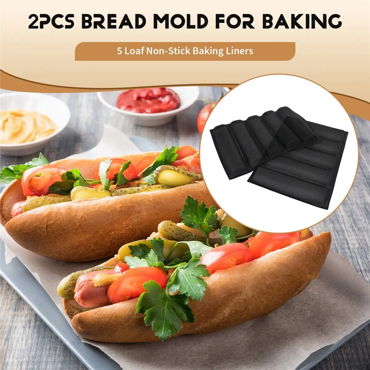 FOR HOME 2Pcs Silicone Perforated Baking Forms Sandwich Mold French Bread Pan Food Mat 5 Loaf Non-Stick Baking Liners