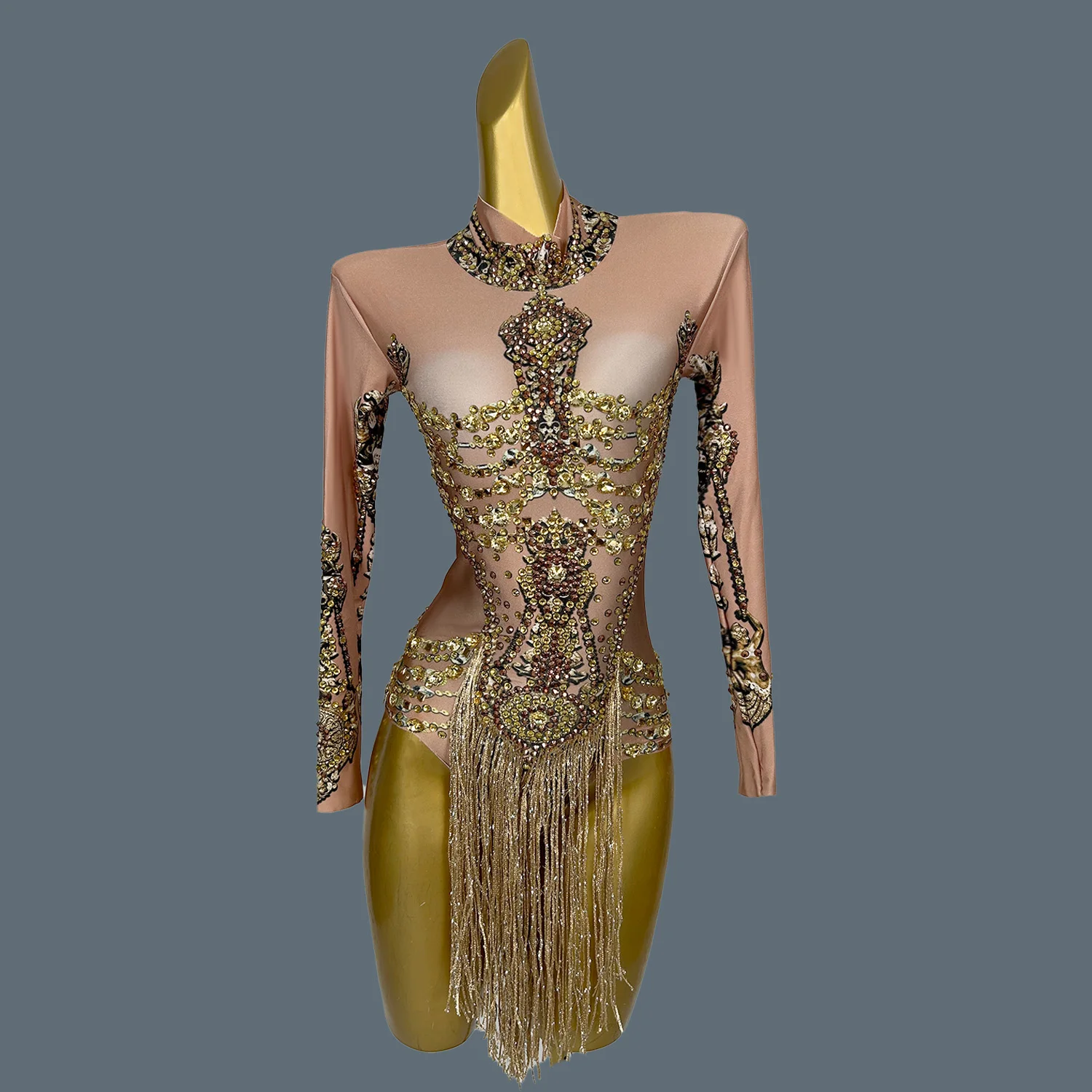 Women Summer Sexy Golden Tassel Diamonds Bodysuit Female Singer Latin Dancer Stage Wear Nightclub Performance Costume Jinbiao