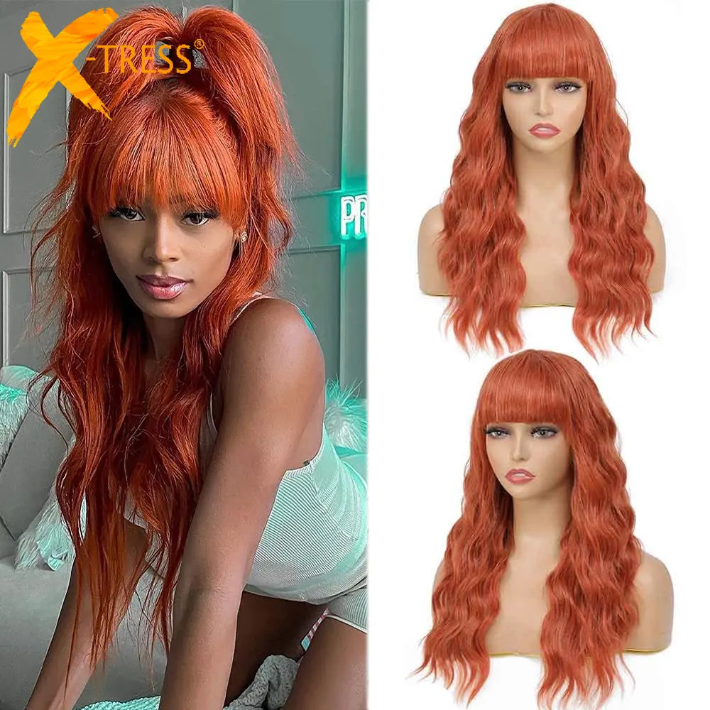 X-TRESS Synthetic Ginger Red Wavy Wig with Air Bangs 20 Inch Hair Wave Curly Cosplay Wig for Girls Gift Daily Use Colorful Wigs