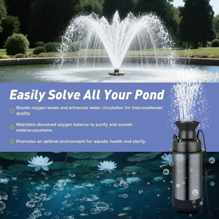LED Pond Fountain with RGB Lighting System, Stainless Steel Rotor, AllCopper Motor, Remote Control, Dynamic Color Changing, for