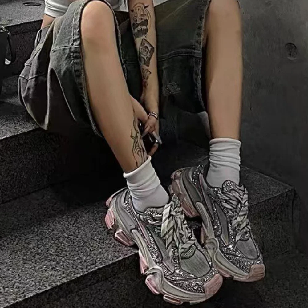 

Top Quality Sneakers Women Skate Shoes Dirty Mesh Rhinestone Women Loafers Platform Shiny Crystal Women's Casual Vulcanize Shoes