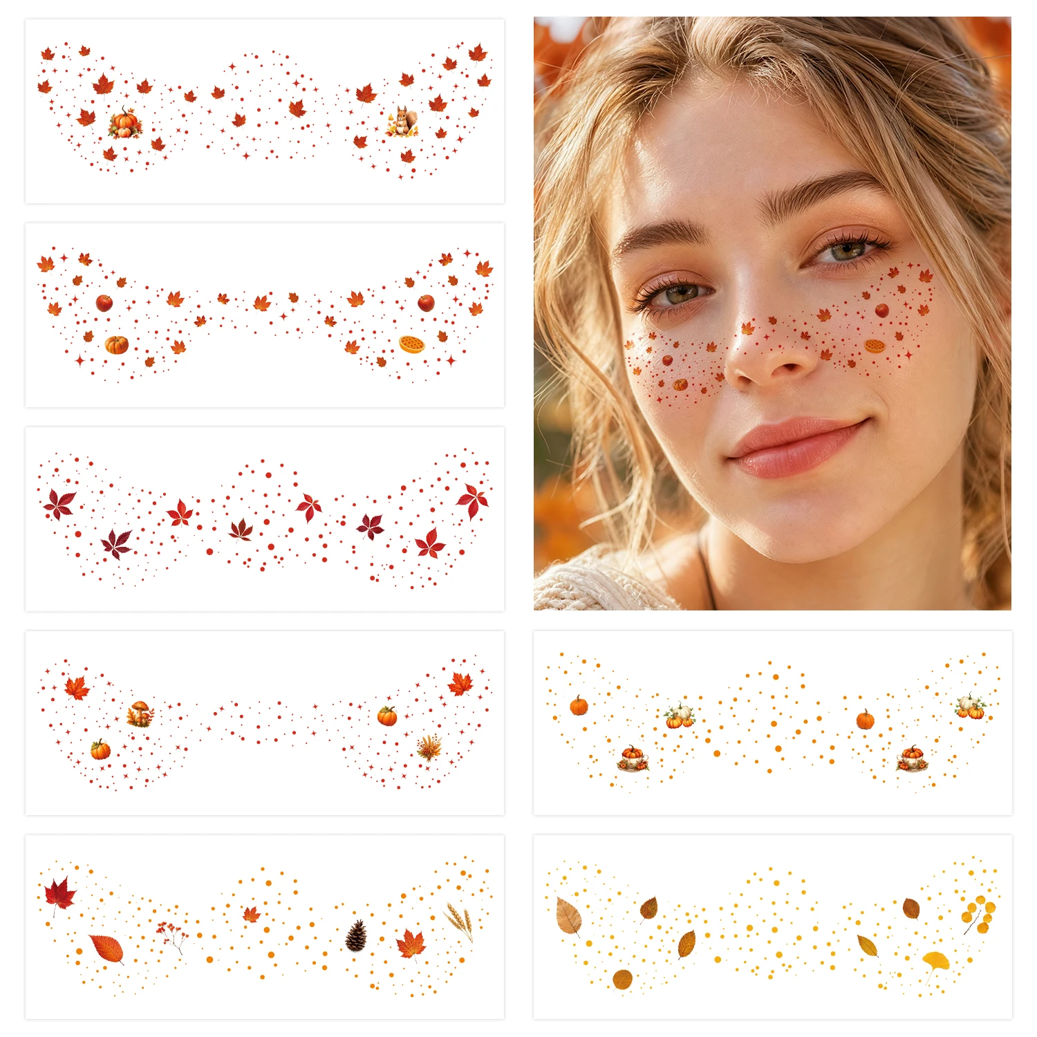 Fall Freckles Face Temporary Tattoos for Fall Leaves Tattoos Maple Elm Leaves Seasonal Face Temporary Sticker for Autumn Themed