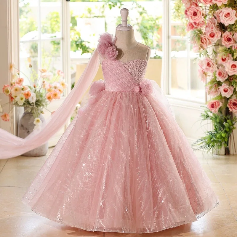 Flower girl dress, pink sleeveless off-shoulder dress with 3D floral embellishments, beaded tulle maxi skirt, prom dress