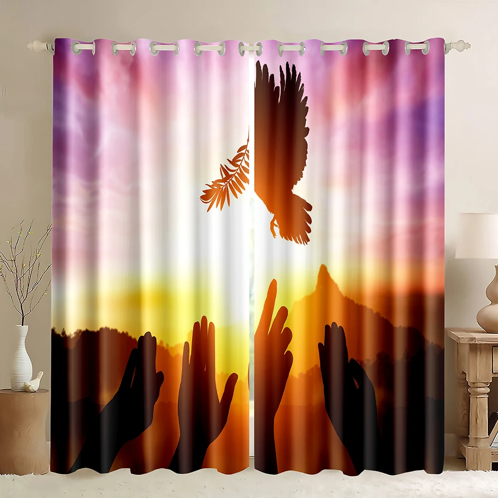 Christianity Blackout Curtains,dove Of Peace Holding Olive Branch Print,sunset Pray Christianity Style Window Curtains Bedroom