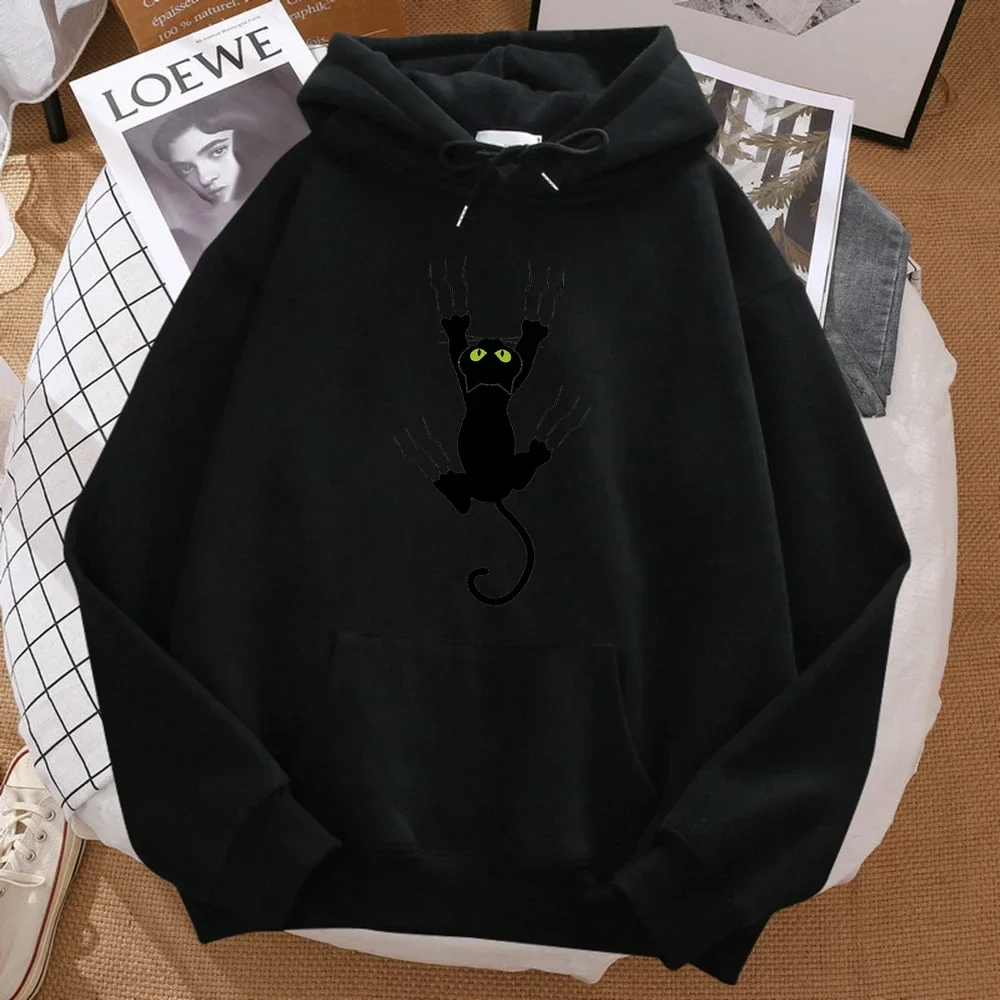 Sudadera con capucha para hombre con estampado de gato negro travieso, cómoda sudadera con capucha de hip-hop de dibujos animados y sudadera Harajuku