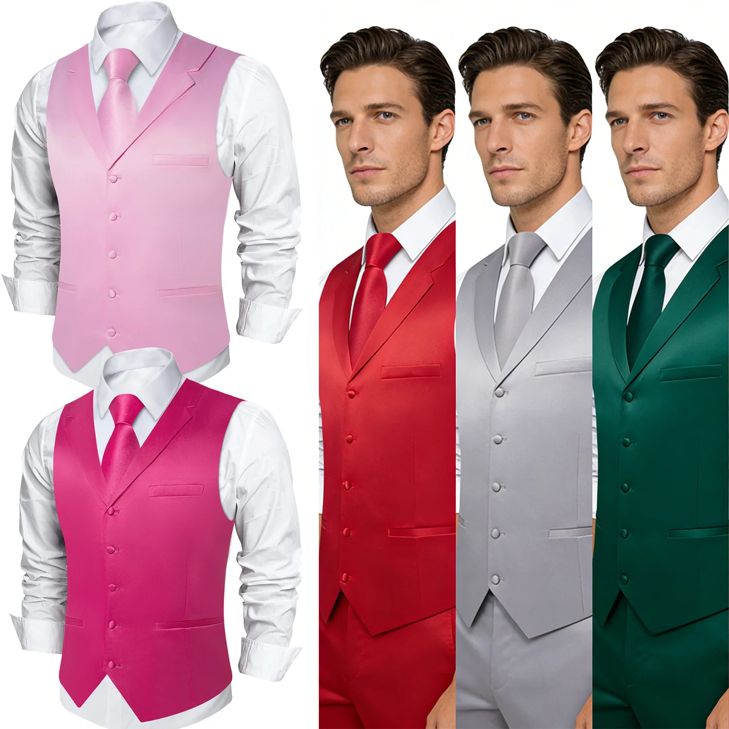 

Men's Solid Color Suit Vest & Tie Set – Formal Waistcoat with Matching Necktie, Satin for Weddings, Business and Festival