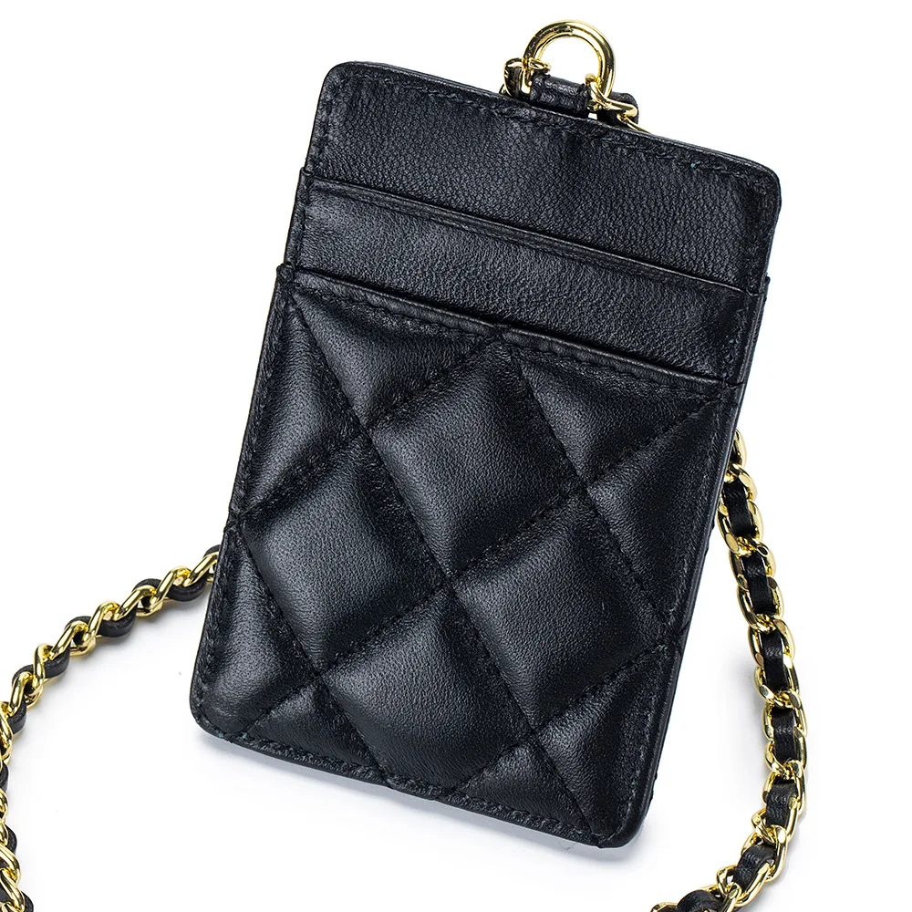 Cartera minimalista con bolsillo frontal para hombre y mujer, Cartera de piel de oveja con cordones para cuello, cadena para tarjetas de crédito,