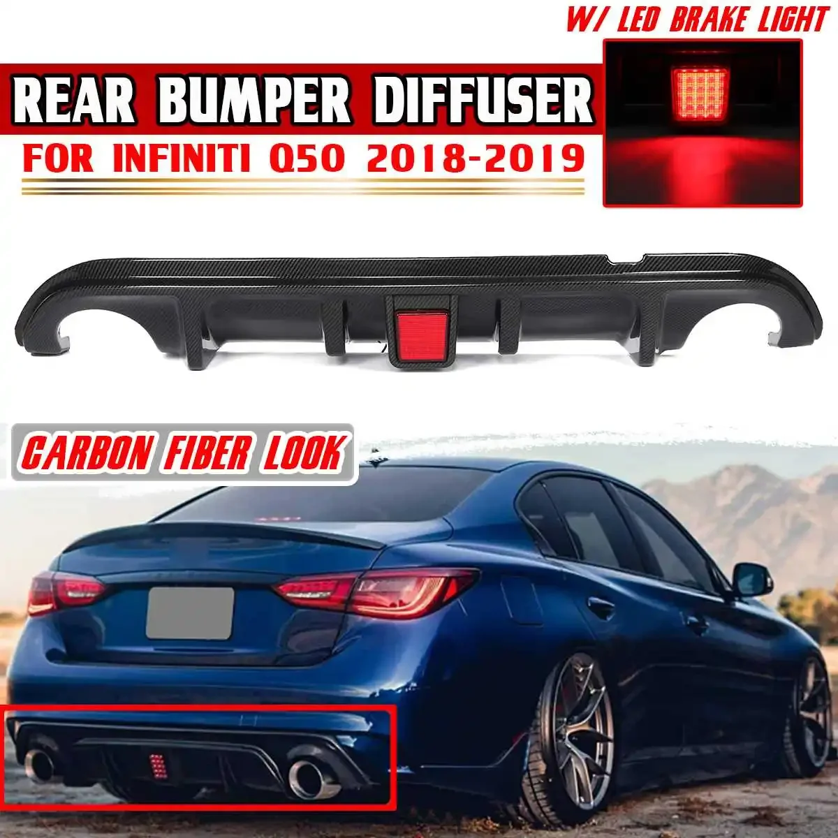 

Carbon Fiber Look/Black Car Rear Bumper Diffuser Fins W/ Led Brake Light Lamp For Infiniti Q50 2018-2019 Rear Diffuser Lip Cover