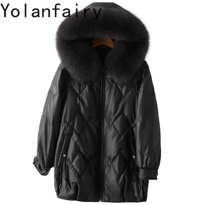 Real Leather Jacket Women Winter 100% Genuine Sheepskin Coat Hooded White Duck Goose Coats Fox Fur Collar Mid-length Parkas