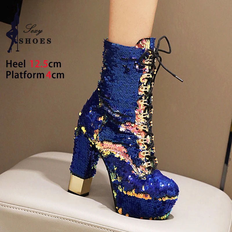 Bling Shiny Platform Ankle Boots Women Chunk Heeled High Heels Sequined Special for Pole Dancer Shoes Lady Short Glitter Boots