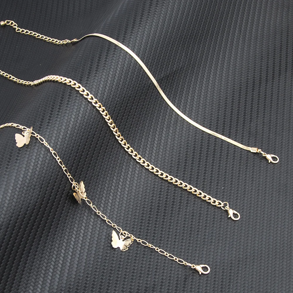 New Fashion Beach Style Three Butterfly Pendant Snake Chain Three-Piece Anklet Set, Multi-Layer Gold Chain Anklet for Women
