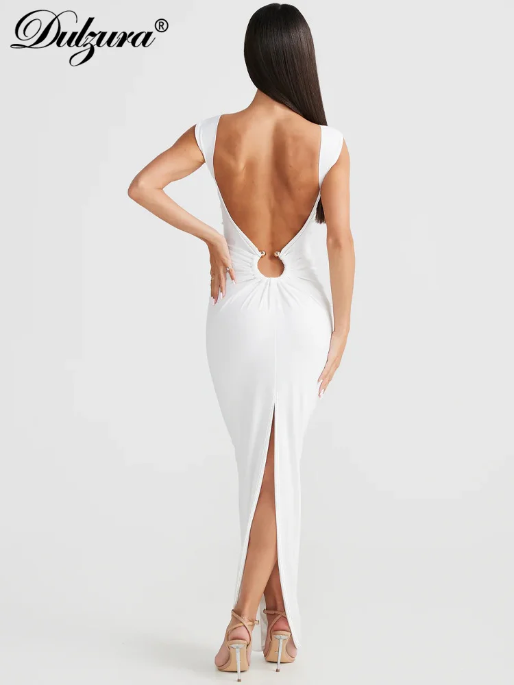 Dulzura Deep V-Neck Backless Metal Rings Hole Ruched Maxi Dress Birthday Party Sleeveless 2024 Summer Wholesale Drop Shipping