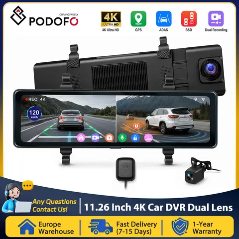 Podofo 11.26" Car Dual Lens WiFi Touch HD Rearview Mirror Car Dashcam Recorder With 1080P Rear, Parking Monitor, GPS, BSD Driving Assistance Recorder