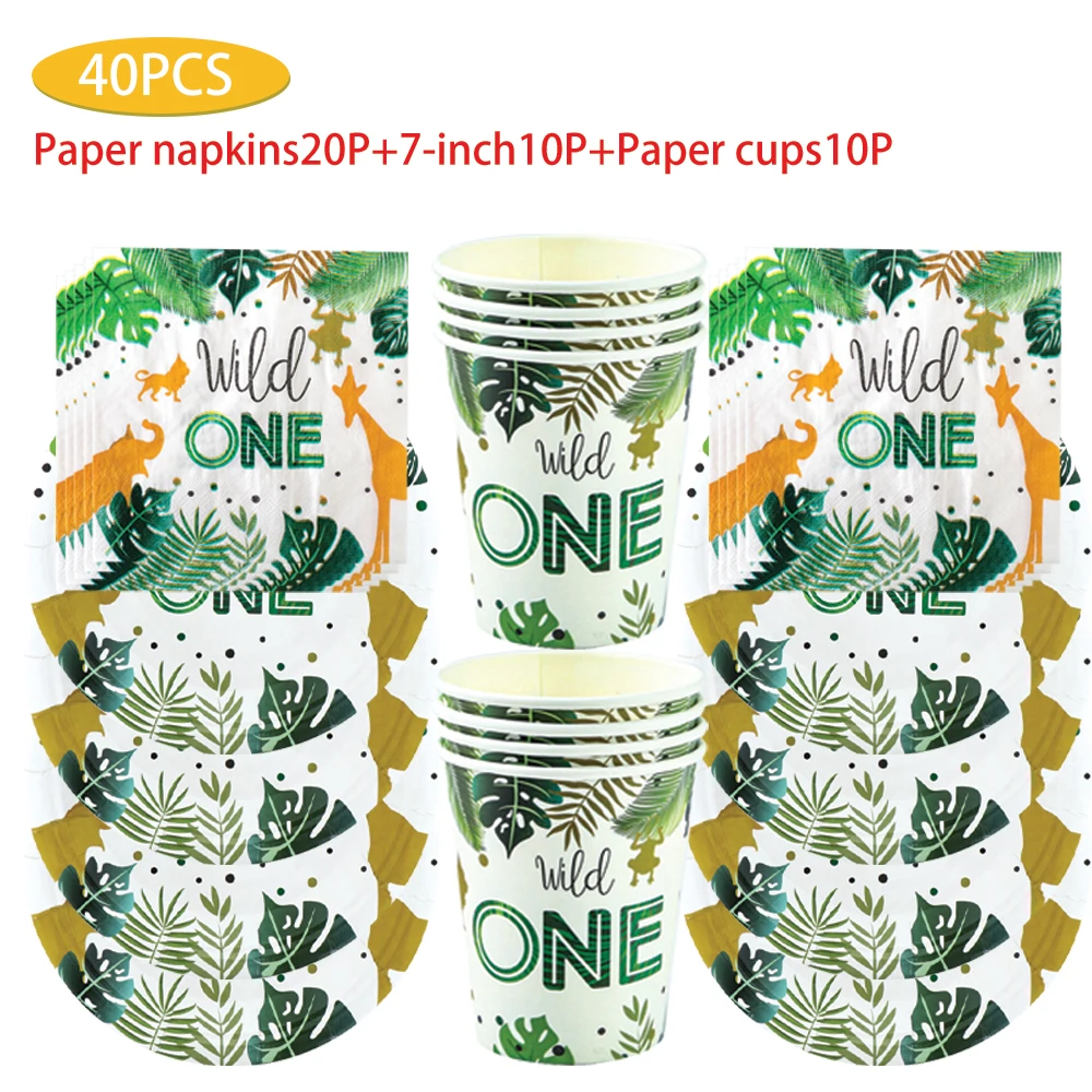 40/41/51/60 pcs Green Wild theme party supplies Disposable plates Paper towels Paper cup tablecloth Table fork set tableware dec