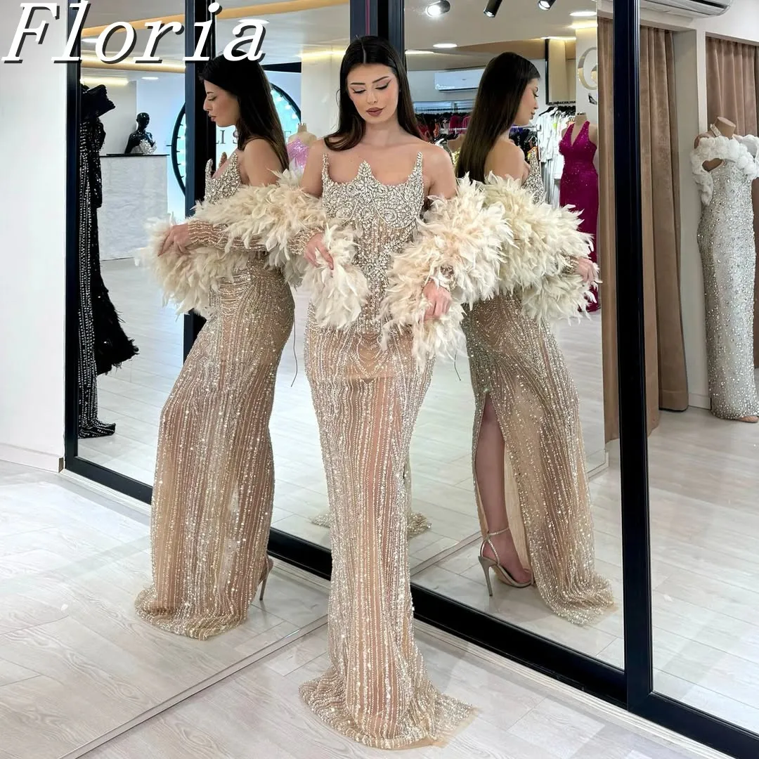 

Handmade Strapless Evening Gown with Feathers Beaded Crystal Neckline Sexy Maxi Party Dress for Women 2025 Fashion Trend
