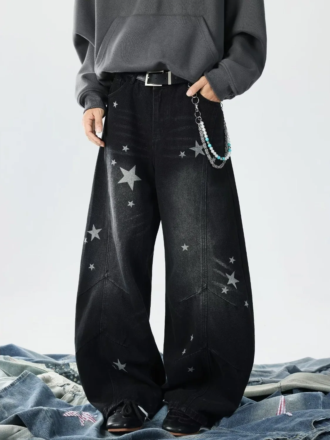 

American Retro Star Print Men's Loose Wide Leg Knife Jeans Drag Long Pants Casual Straight Leg Blue Jeans Middle Waist Zipper