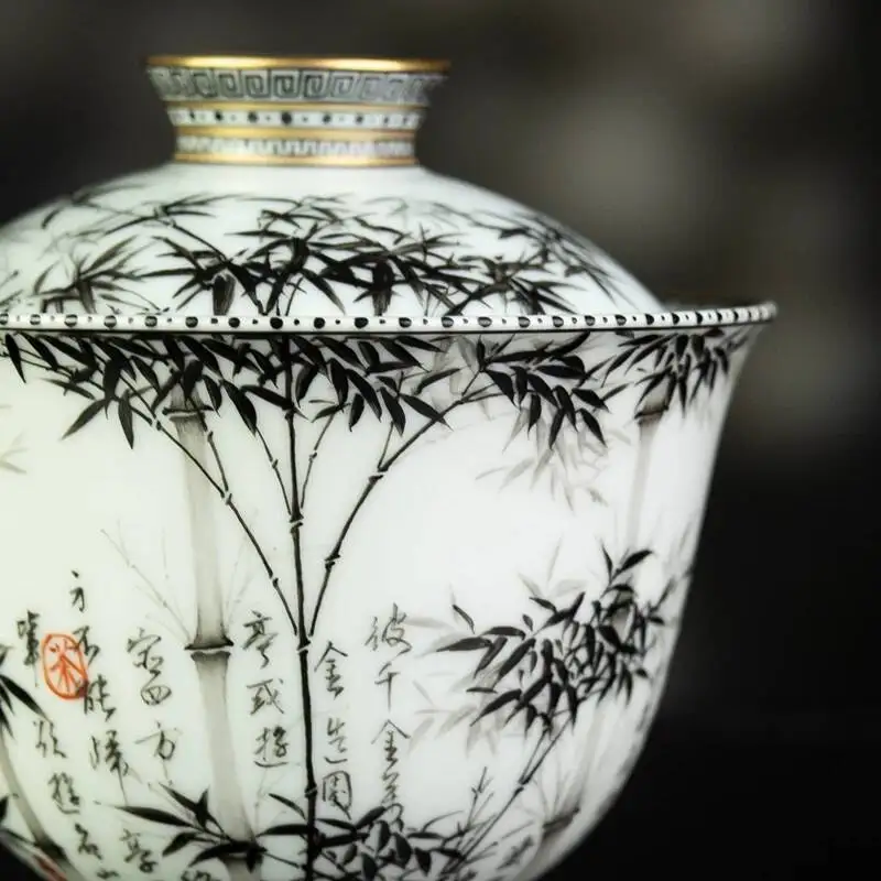 Sacred Mountain Ink Painting Poem And Bamboo Forest Jingdezhen Ceramic Hand-Painted Set Tea Brewing Gaiwan