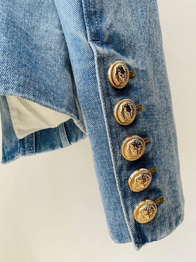 HIGH Quality 2024 Newest Designer Jacket Women\'s Slim Fitting Double Breasted Lion Buttons Denim Blazer