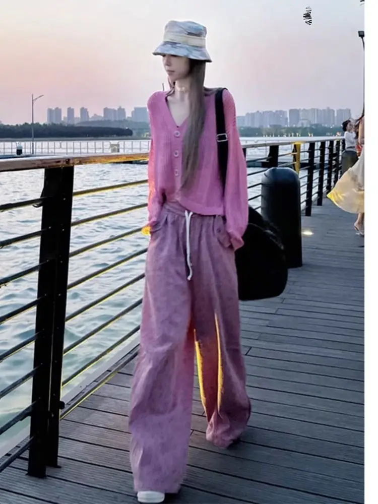 

Spring and Summer New French Slimming and Age Reducing Pink Cardigan Printed Wide Leg Pants Two-piece Set