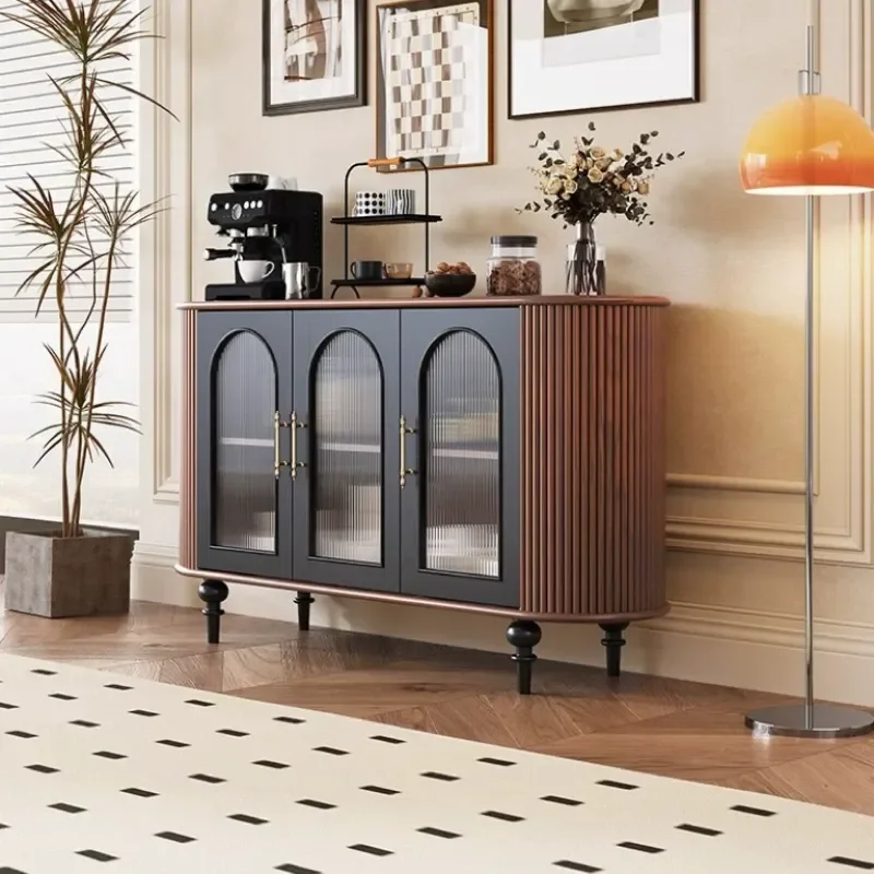 Light Luxury Solid Wood Dining Side Cabinet Antique Two Tone Curved Storage Cabinet American Retro Modern Living Room
