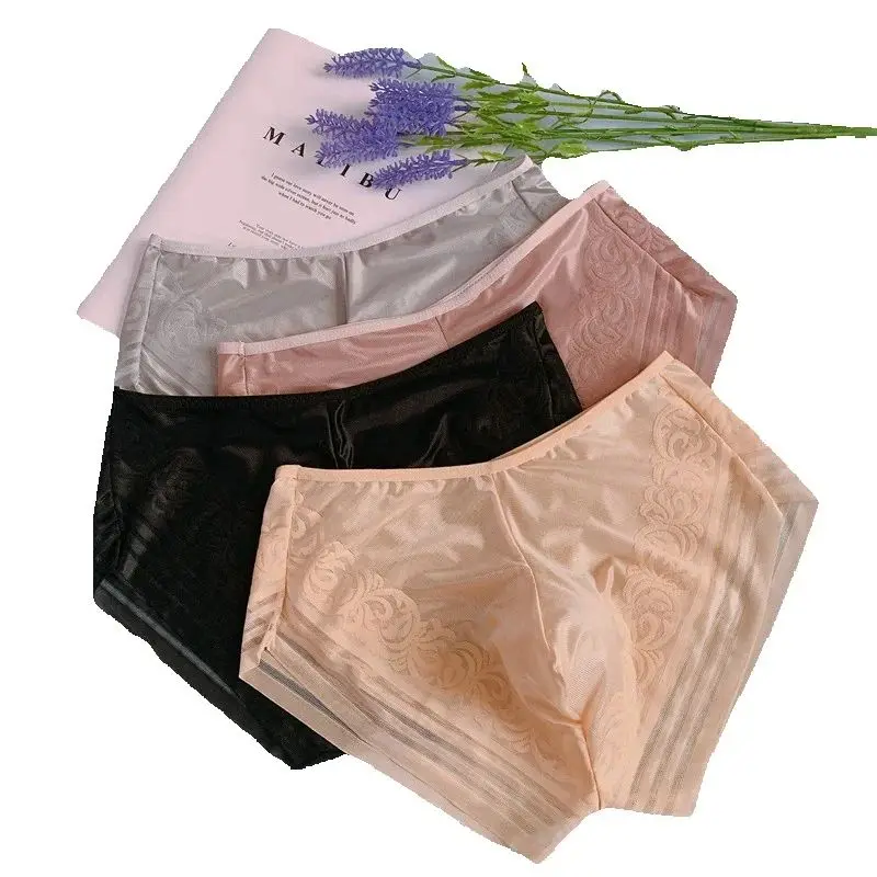 Mens Briefs Satin Jacquard Silky Panties  Low Waist Pouch Underwear Seamless See Through Lingerie Crossdressing Sissy Brief