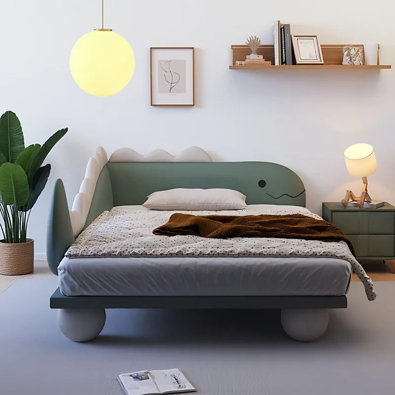 Creative dinosaur bed, boy with guardrail simple modern leather solid wood 1 meter 5 bedroom small apartment