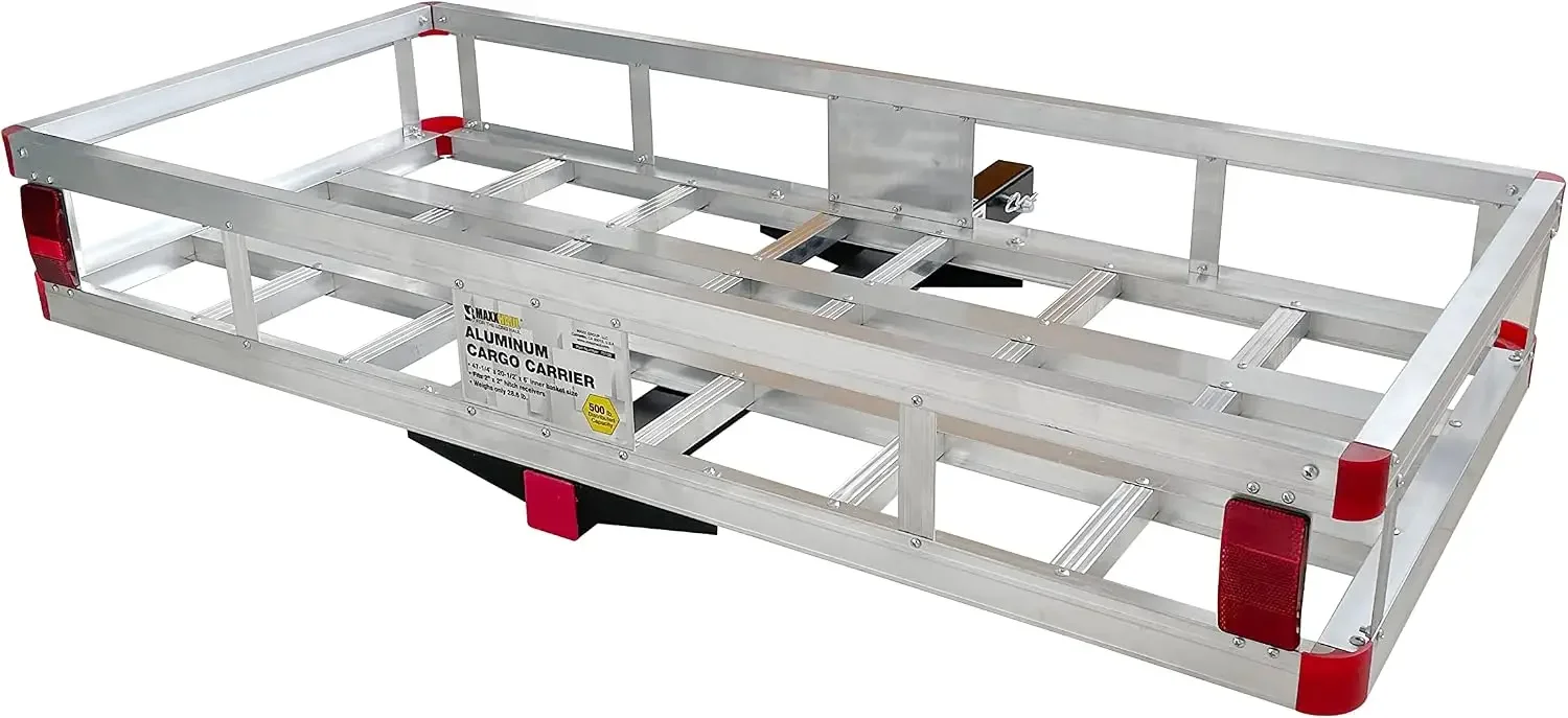 Hitch Cargo Carrier - Aluminum Cargo Carrier with High Side Rails for RV's - 49' x 22.5' 500-lb Load Capacity, Grey