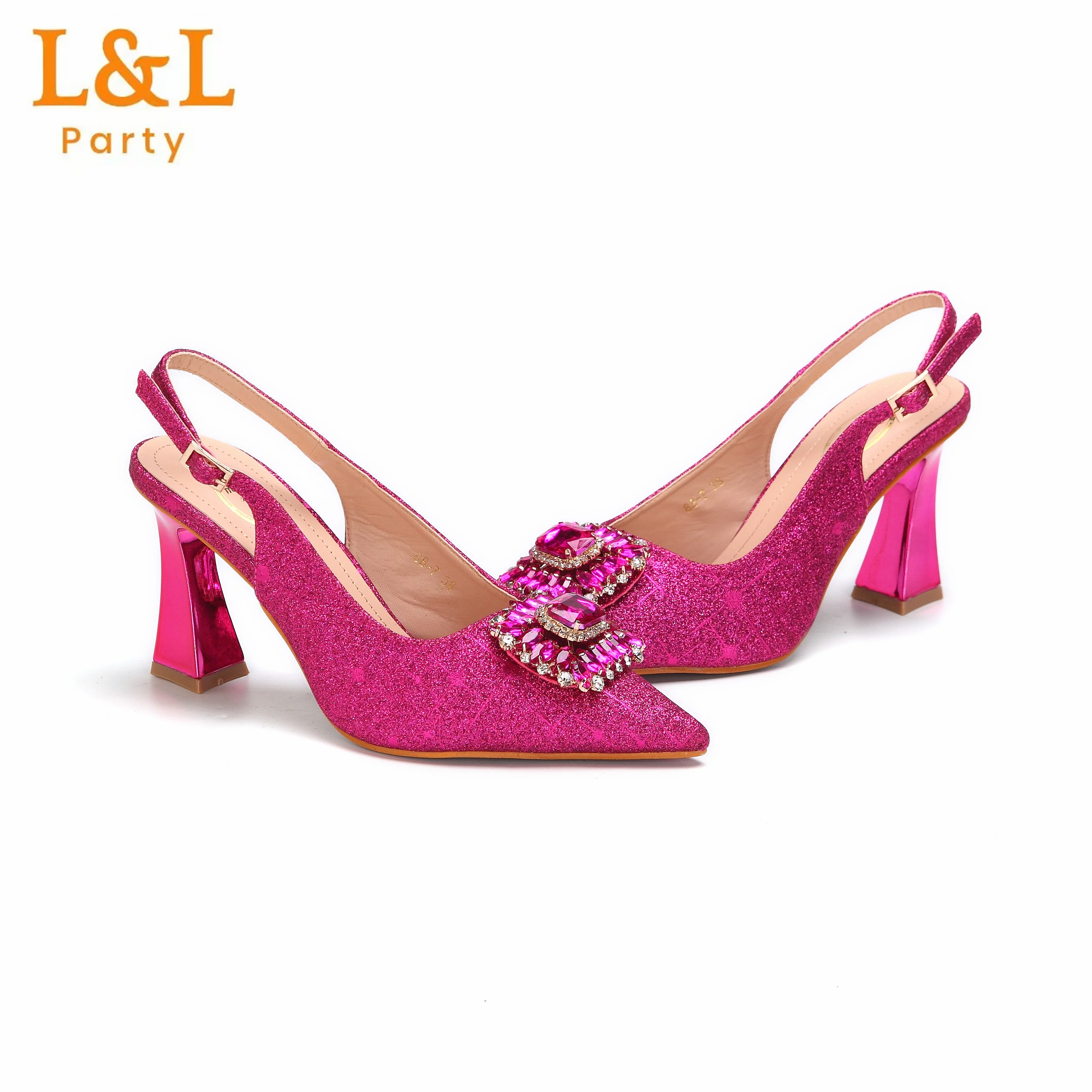 Nigerian Women Ladies Italian Design Fuchsia Shoes And Bag Set Decorated with Rhinestone Handbag Wedding Party