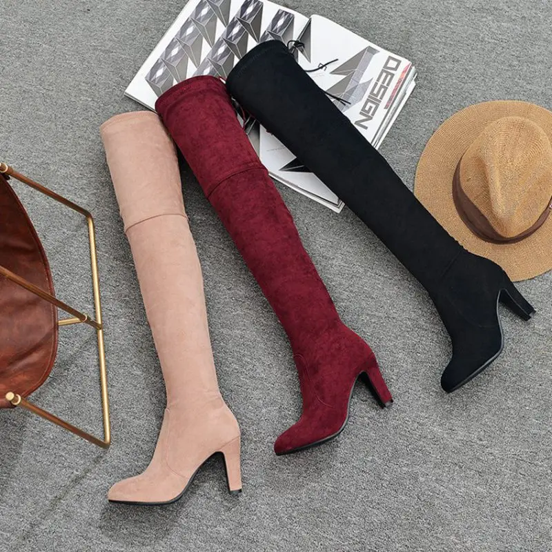 ORCHA LISA New Flock Women Over The Knee Boots Lace Sexy High Heels Autumn Shoes Winter Women Boots long Size 31 45 44