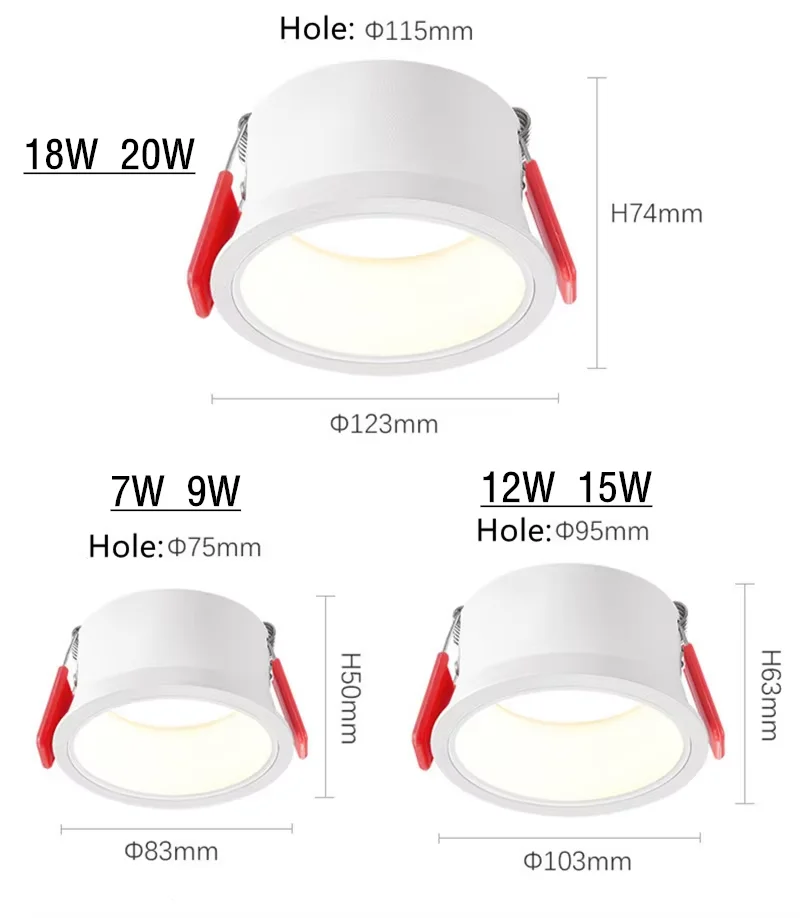 Round Anti-Glare Led SMD2835 Recessed Downlights 7w 9w 12w 15W Dimmable 110v 220v Ceiling Lamp Spotlights for Indoor Lighting