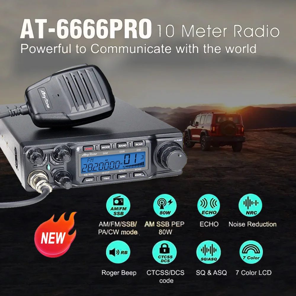 AnyTone-AT-6666pro de 28-29,7 MHz, 80W, Radios CB de alta potencia, transceptor móvil CW/AM/FM/USB /LSB/PA, 40 canales, nuevo